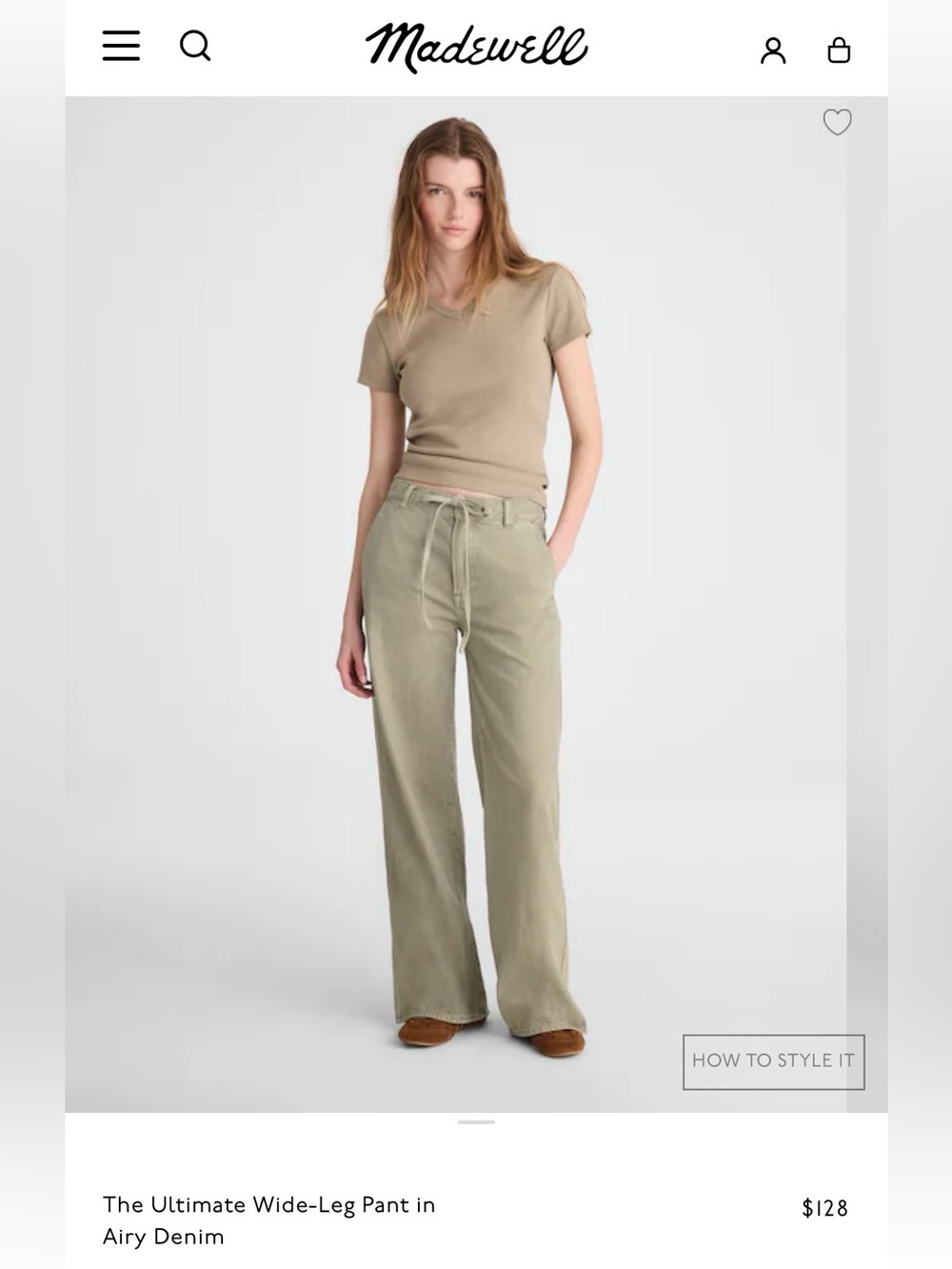 NWOT Madewell The Ultimate Wide-Leg Pants in Airy Denim - Olive Green